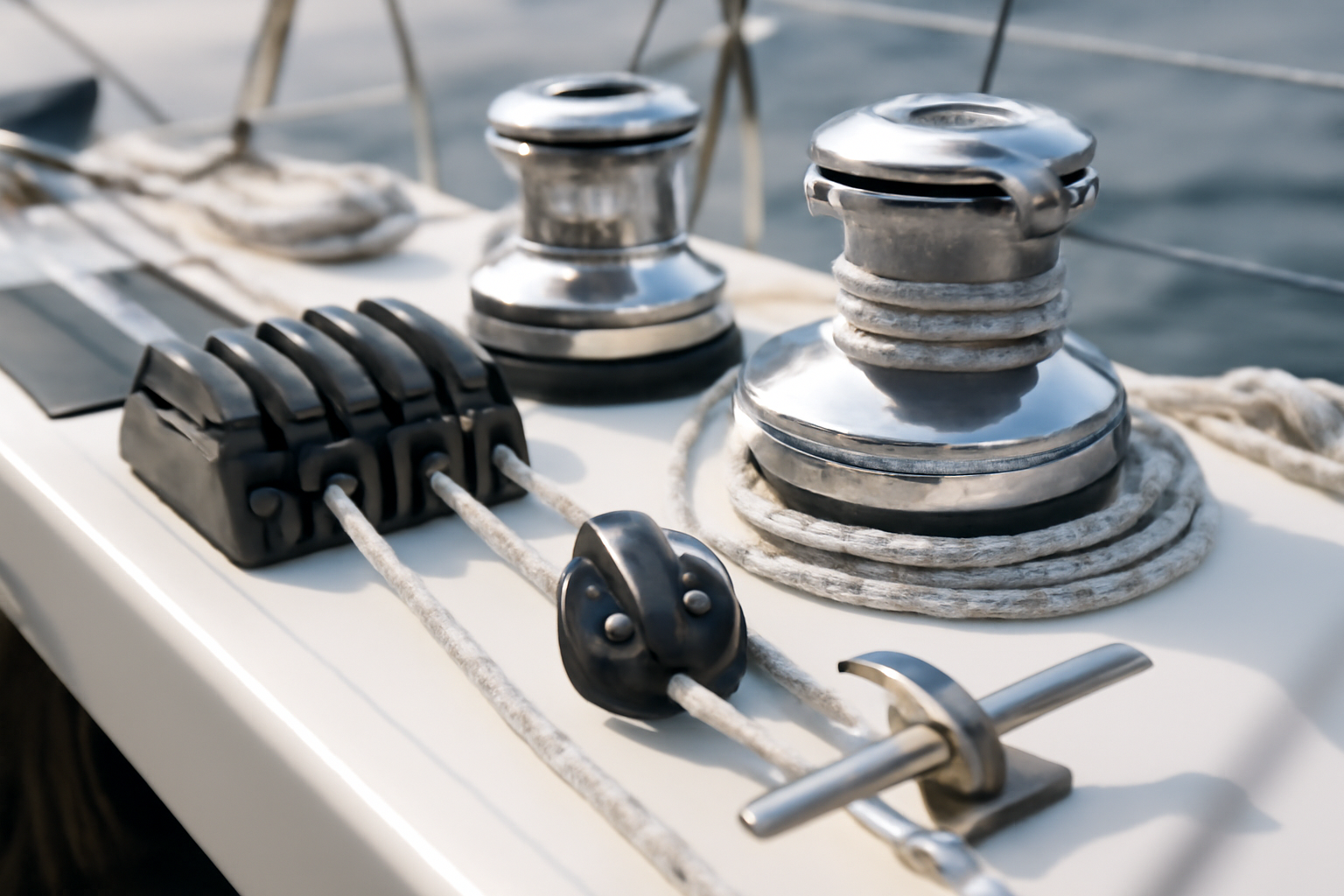 Accastillage et cordage : winchs, bloqueurs, poulies et taquets